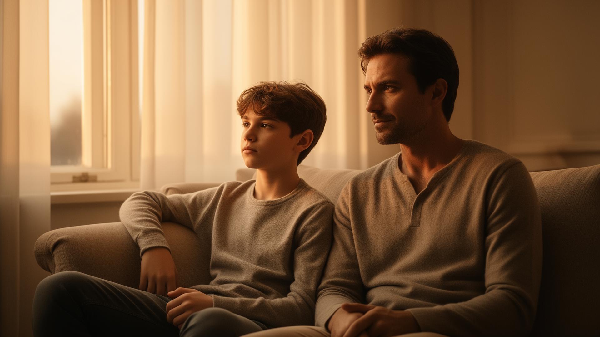 Padre e hijo adolescente compartiendo un momento de calma junto a la ventana