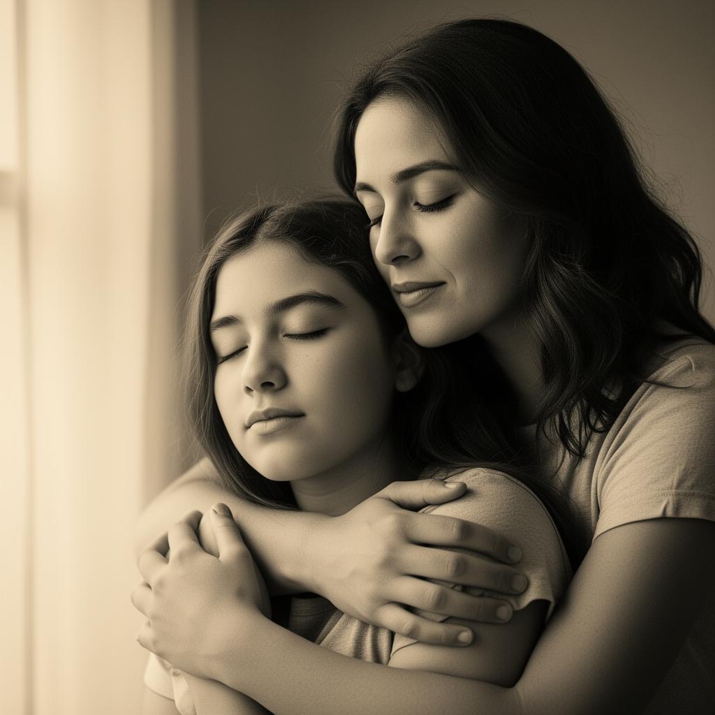 Madre abrazando a su hija adolescente